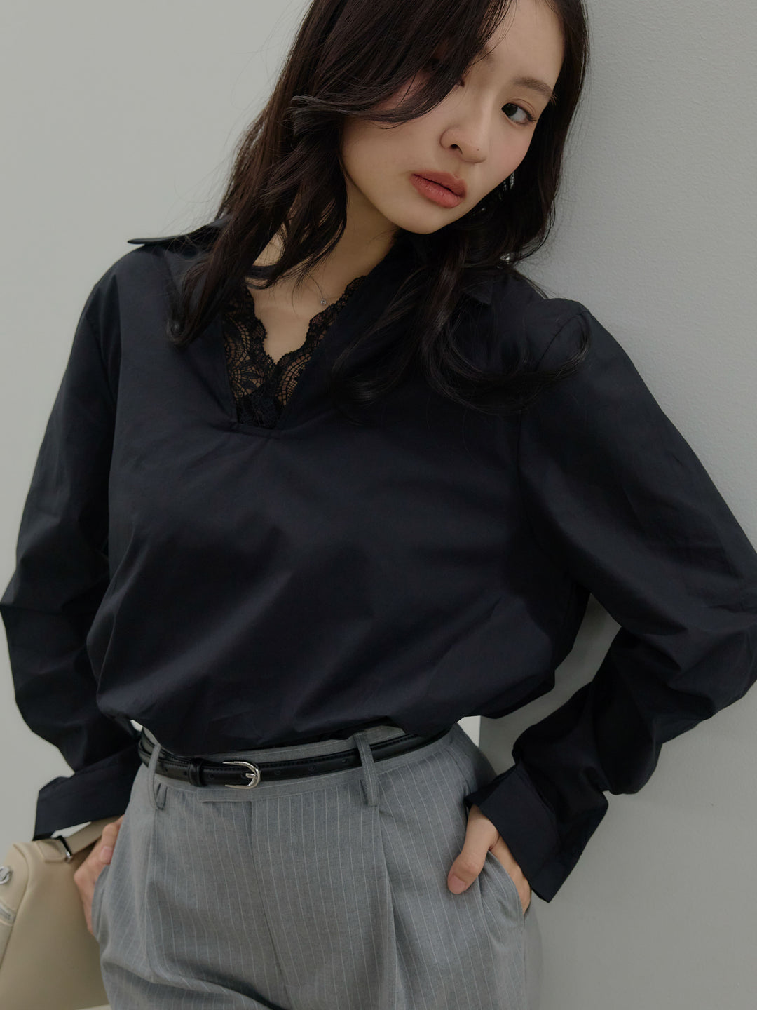 【SET】レース襟ドッキングシャツ+【Essential】Authentic straight pants(2set)