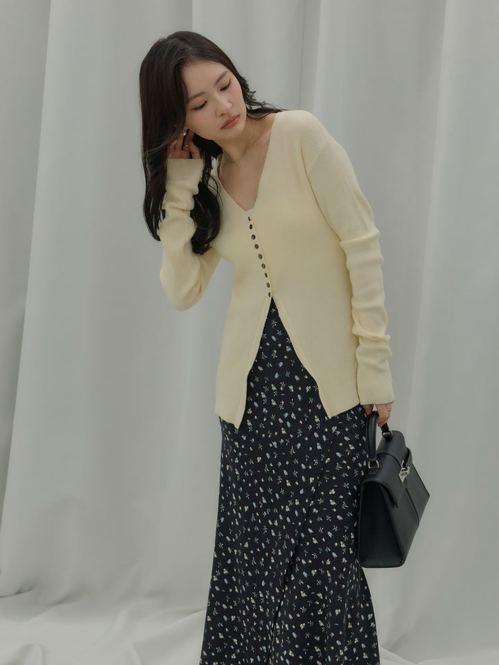 【SET】ソフトタッチVネックカーディガン+【Essential】Wrap design satin mermaid skirt(2set)