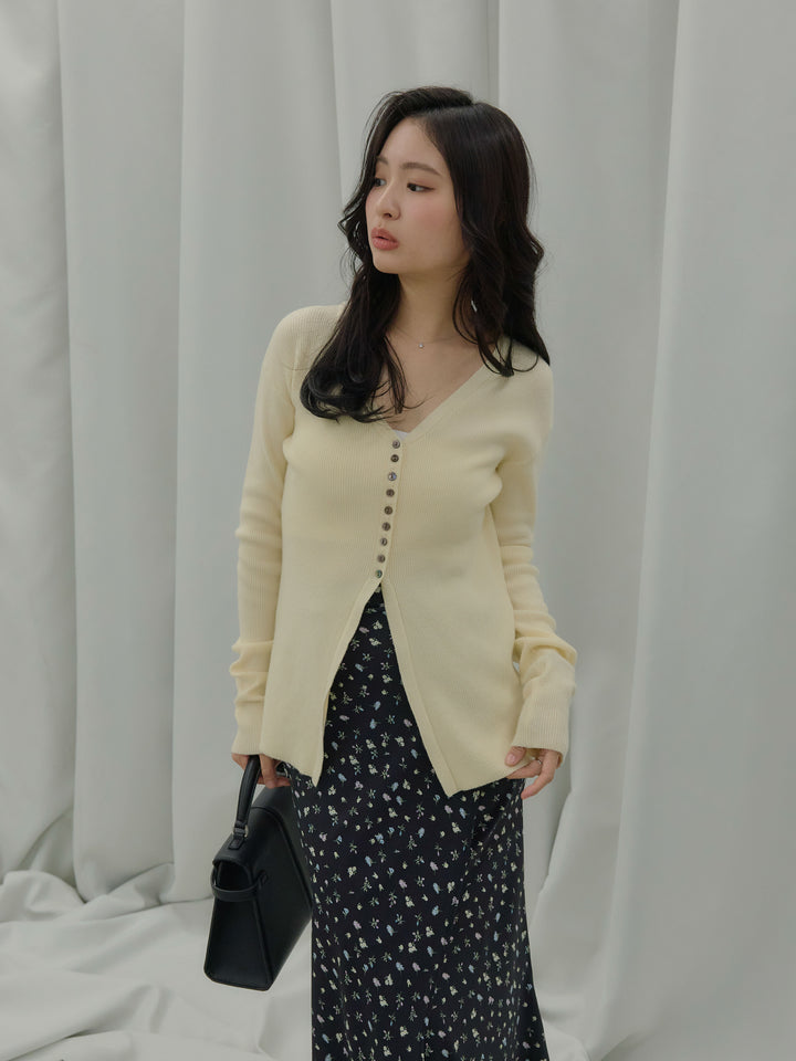 【SET】ソフトタッチVネックカーディガン+【Essential】Wrap design satin mermaid skirt(2set)