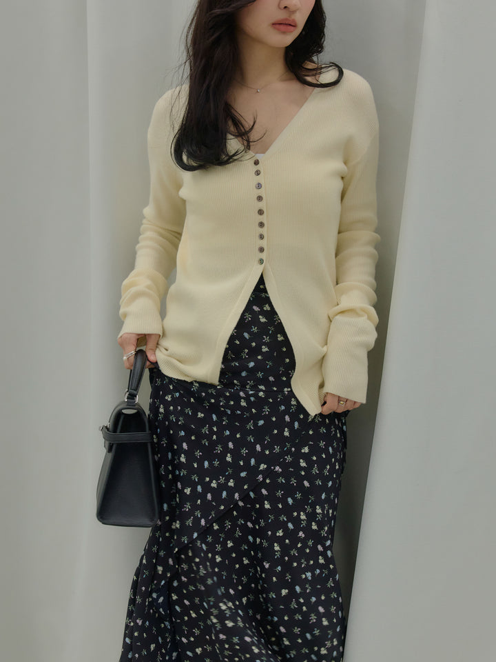 【SET】ソフトタッチVネックカーディガン+【Essential】Wrap design satin mermaid skirt(2set)