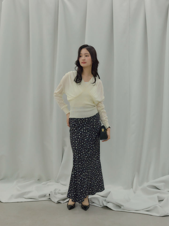 【SET】シェイプラインVネックシアーニットトップス+【Essential】Wrap design satin mermaid skirt(2set)