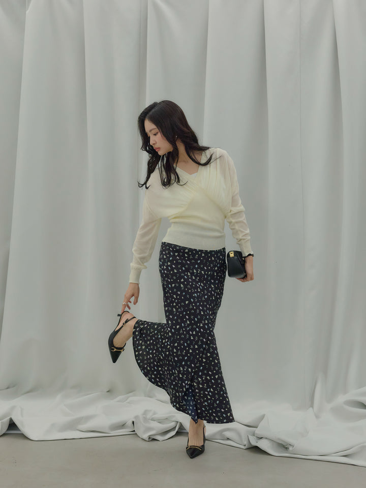 【SET】シェイプラインVネックシアーニットトップス+【Essential】Wrap design satin mermaid skirt(2set)