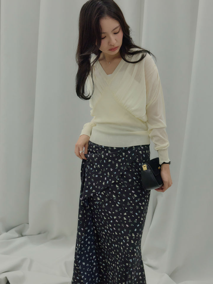 【SET】シェイプラインVネックシアーニットトップス+【Essential】Wrap design satin mermaid skirt(2set)