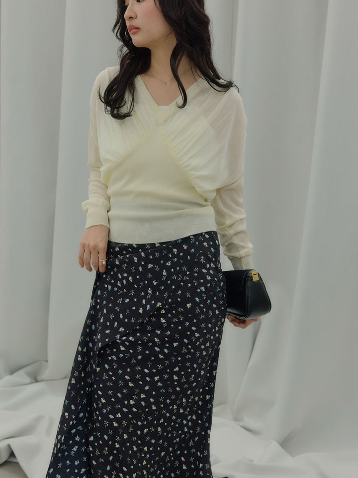 【SET】シェイプラインVネックシアーニットトップス+【Essential】Wrap design satin mermaid skirt(2set)