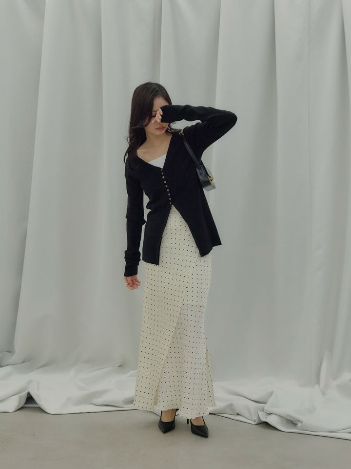 【SET】ソフトタッチVネックカーディガン+【Essential】Wrap design satin mermaid skirt(2set)