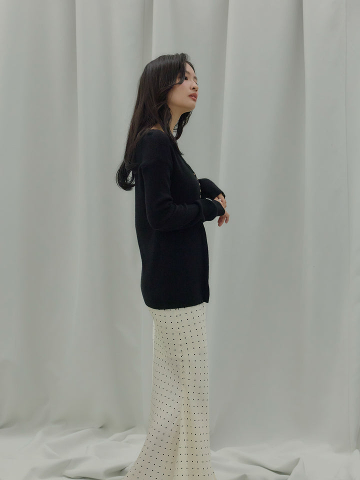 【SET】ソフトタッチVネックカーディガン+【Essential】Wrap design satin mermaid skirt(2set)