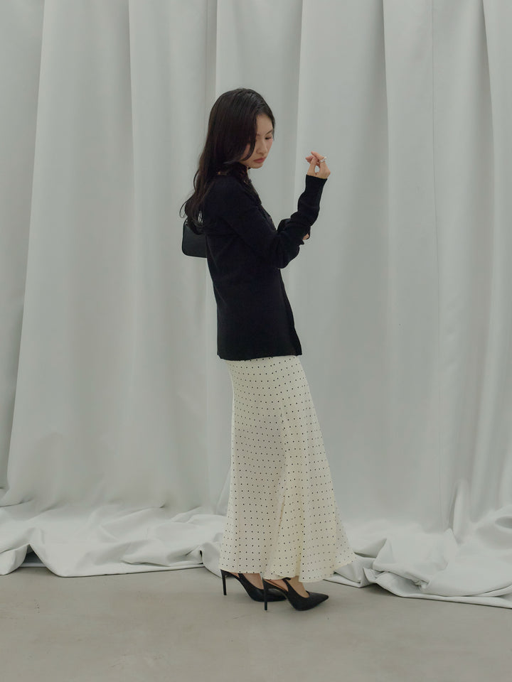 【SET】ソフトタッチVネックカーディガン+【Essential】Wrap design satin mermaid skirt(2set)