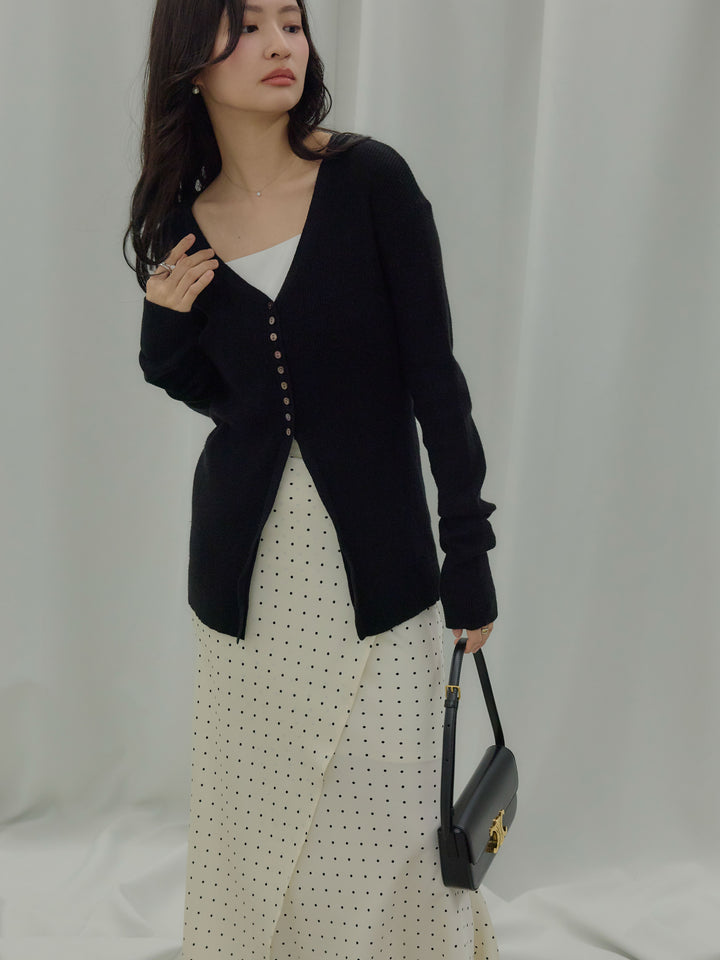 【SET】ソフトタッチVネックカーディガン+【Essential】Wrap design satin mermaid skirt(2set)