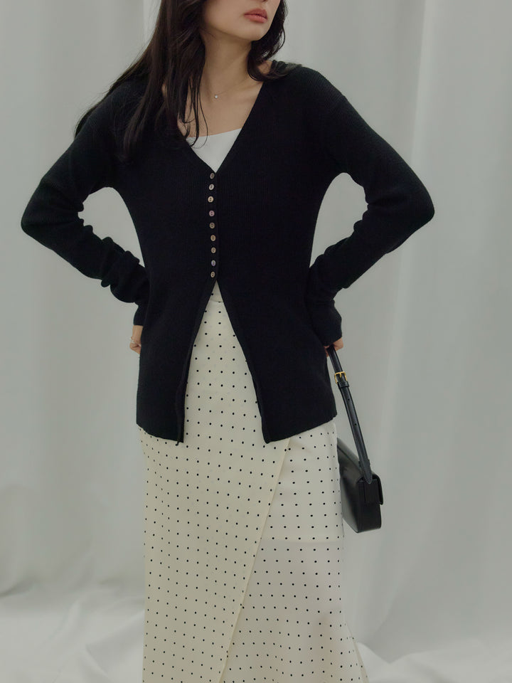 【SET】ソフトタッチVネックカーディガン+【Essential】Wrap design satin mermaid skirt(2set)
