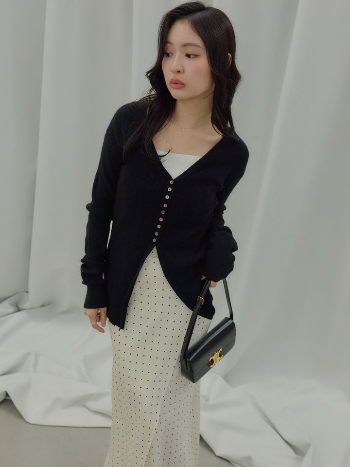 【SET】ソフトタッチVネックカーディガン+【Essential】Wrap design satin mermaid skirt(2set)