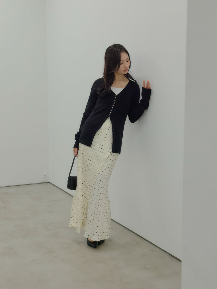 【SET】ソフトタッチVネックカーディガン+【Essential】Wrap design satin mermaid skirt(2set)