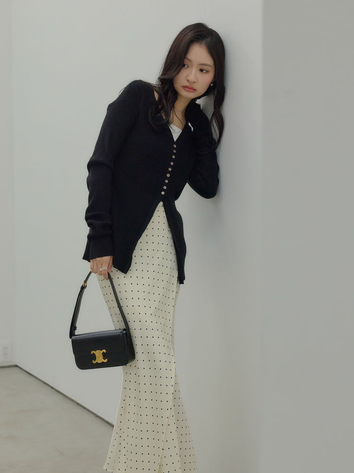 【SET】ソフトタッチVネックカーディガン+【Essential】Wrap design satin mermaid skirt(2set)