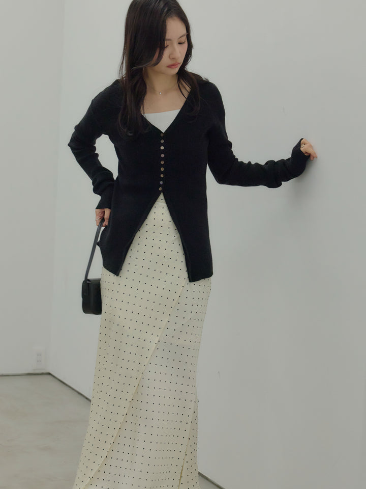 【SET】ソフトタッチVネックカーディガン+【Essential】Wrap design satin mermaid skirt(2set)