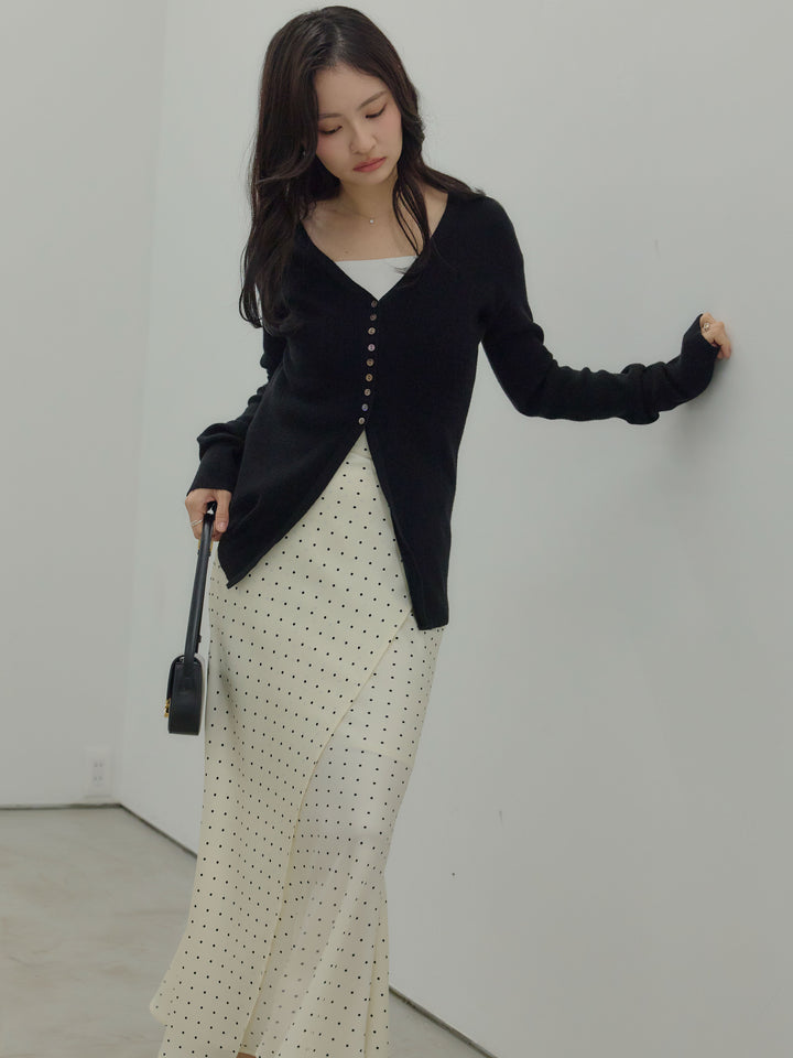 【SET】ソフトタッチVネックカーディガン+【Essential】Wrap design satin mermaid skirt(2set)