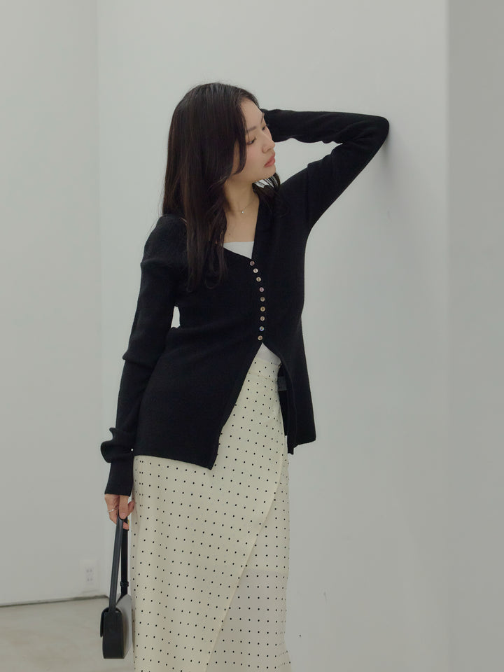 【SET】ソフトタッチVネックカーディガン+【Essential】Wrap design satin mermaid skirt(2set)
