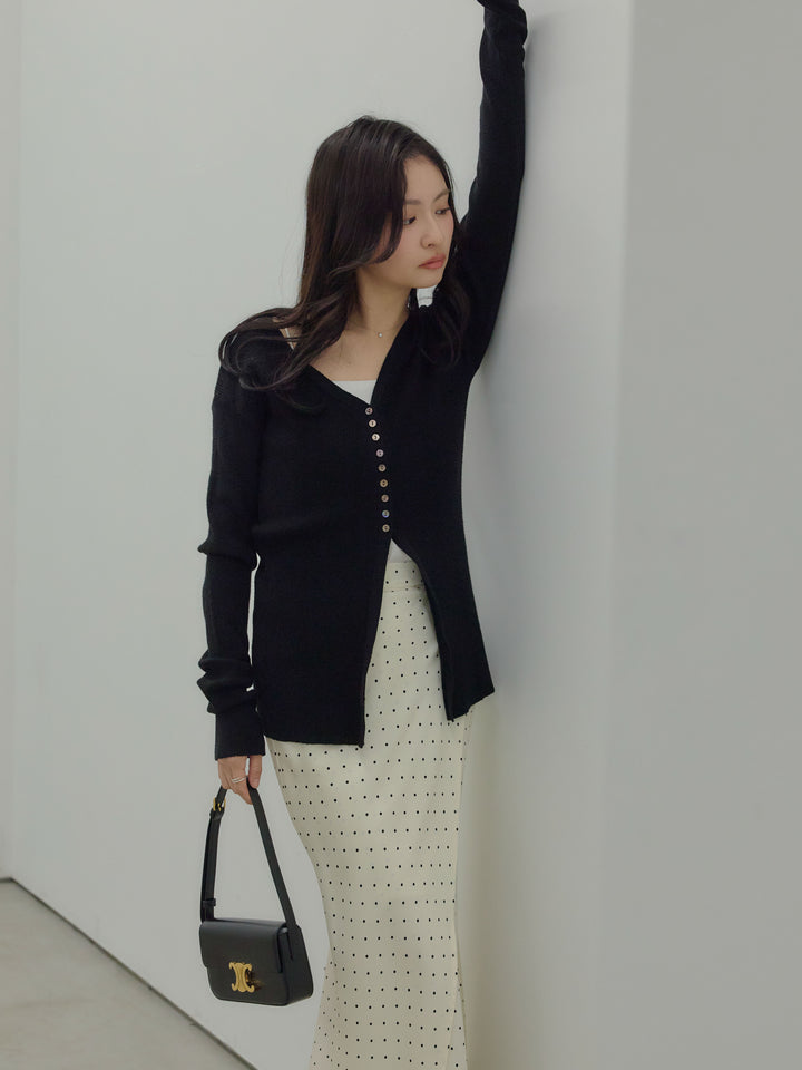 【SET】ソフトタッチVネックカーディガン+【Essential】Wrap design satin mermaid skirt(2set)