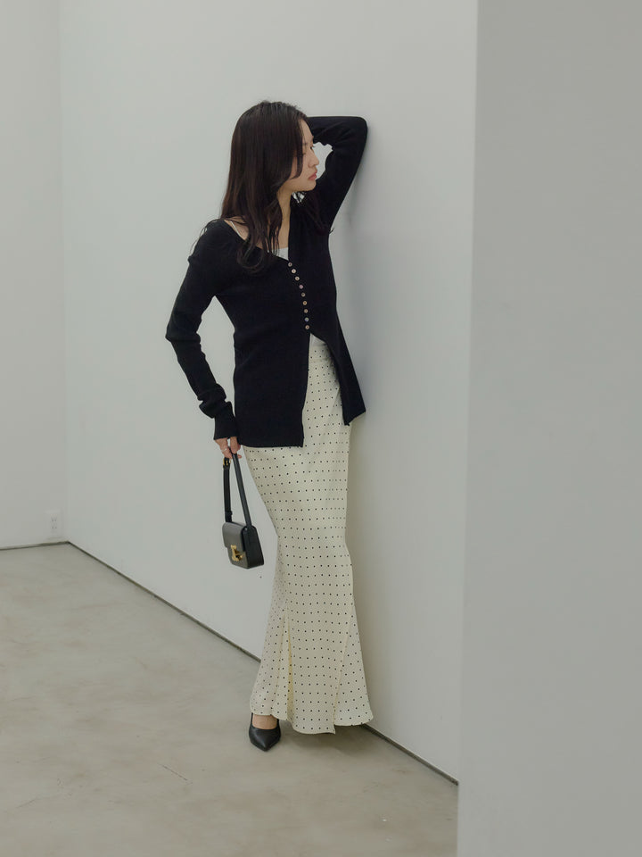 【SET】ソフトタッチVネックカーディガン+【Essential】Wrap design satin mermaid skirt(2set)