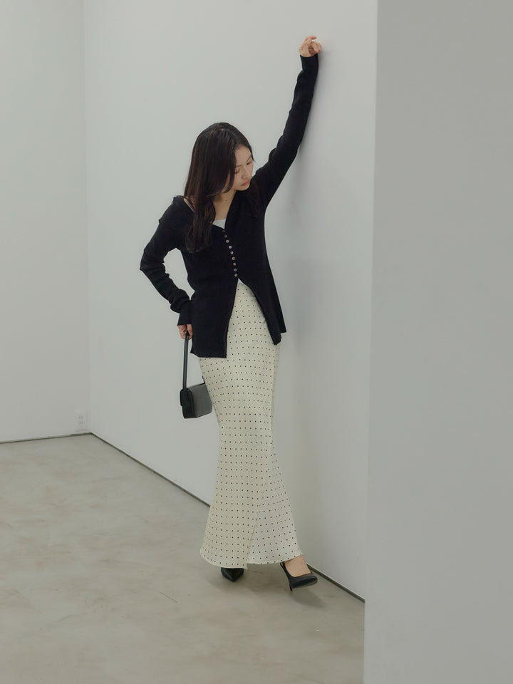 【SET】ソフトタッチVネックカーディガン+【Essential】Wrap design satin mermaid skirt(2set)
