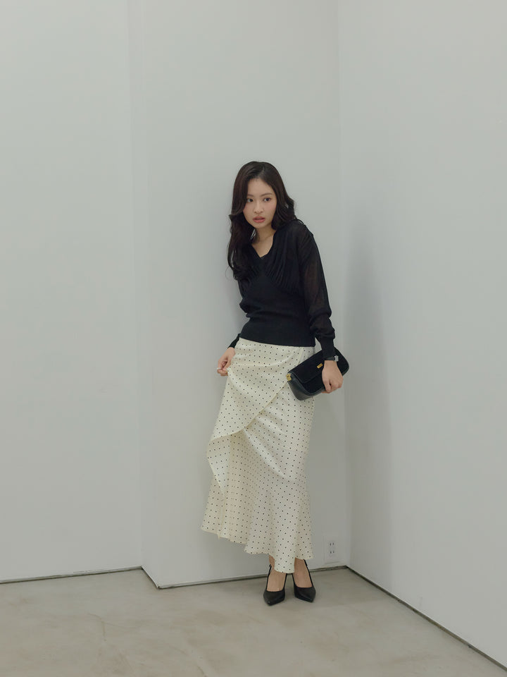 【SET】シェイプラインVネックシアーニットトップス+【Essential】Wrap design satin mermaid skirt(2set)