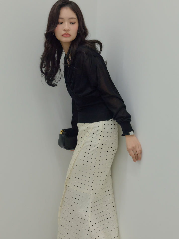 【SET】シェイプラインVネックシアーニットトップス+【Essential】Wrap design satin mermaid skirt(2set)