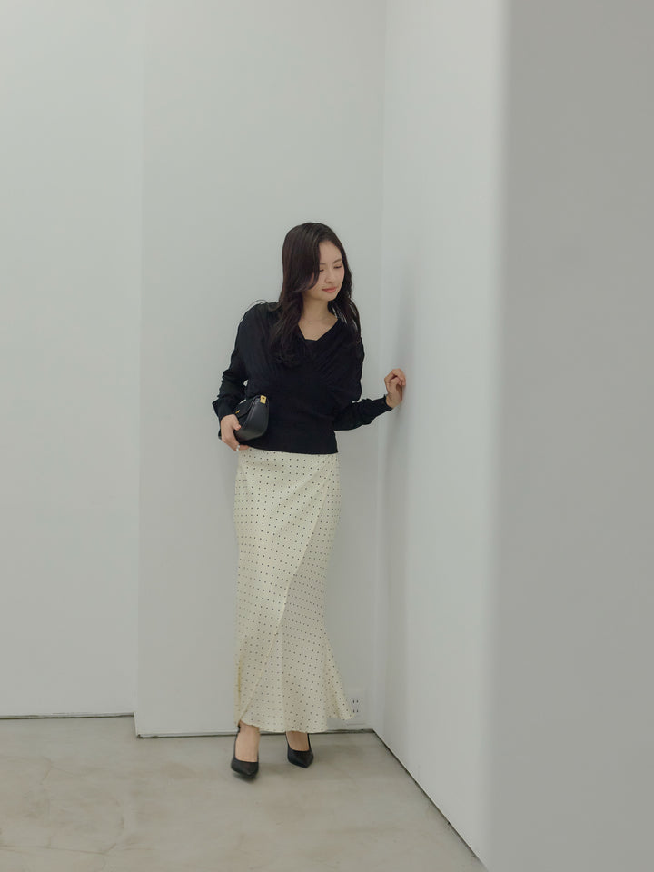 【SET】シェイプラインVネックシアーニットトップス+【Essential】Wrap design satin mermaid skirt(2set)