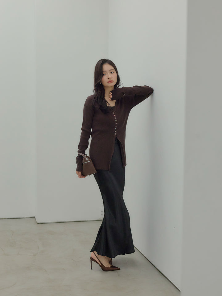 【SET】ソフトタッチVネックカーディガン+【Essential】Wrap design satin mermaid skirt(2set)