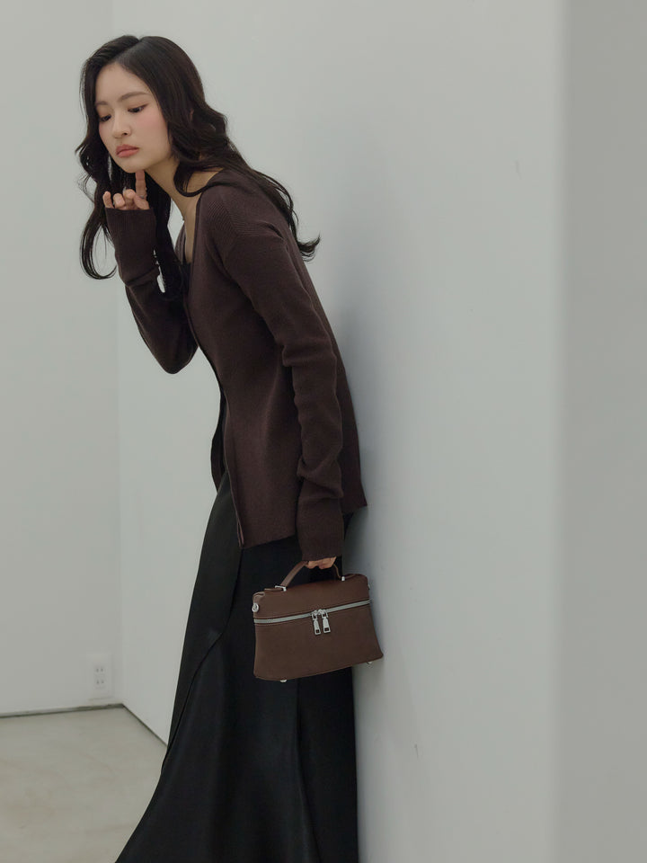 【SET】ソフトタッチVネックカーディガン+【Essential】Wrap design satin mermaid skirt(2set)