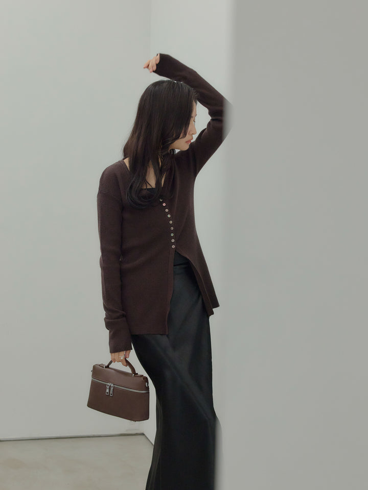 【SET】ソフトタッチVネックカーディガン+【Essential】Wrap design satin mermaid skirt(2set)