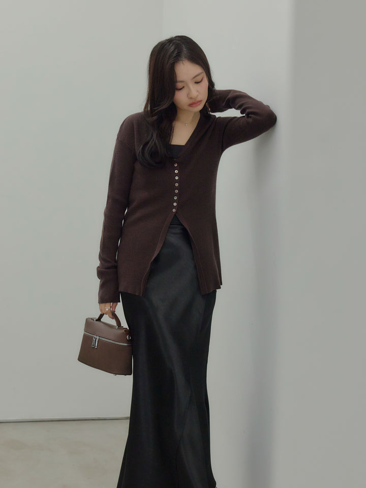 【SET】ソフトタッチVネックカーディガン+【Essential】Wrap design satin mermaid skirt(2set)