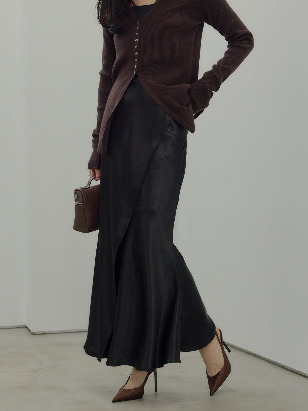 【SET】【Essential】Back open satin camisole dress+【Essential】Wrap design satin mermaid skirt(2set)