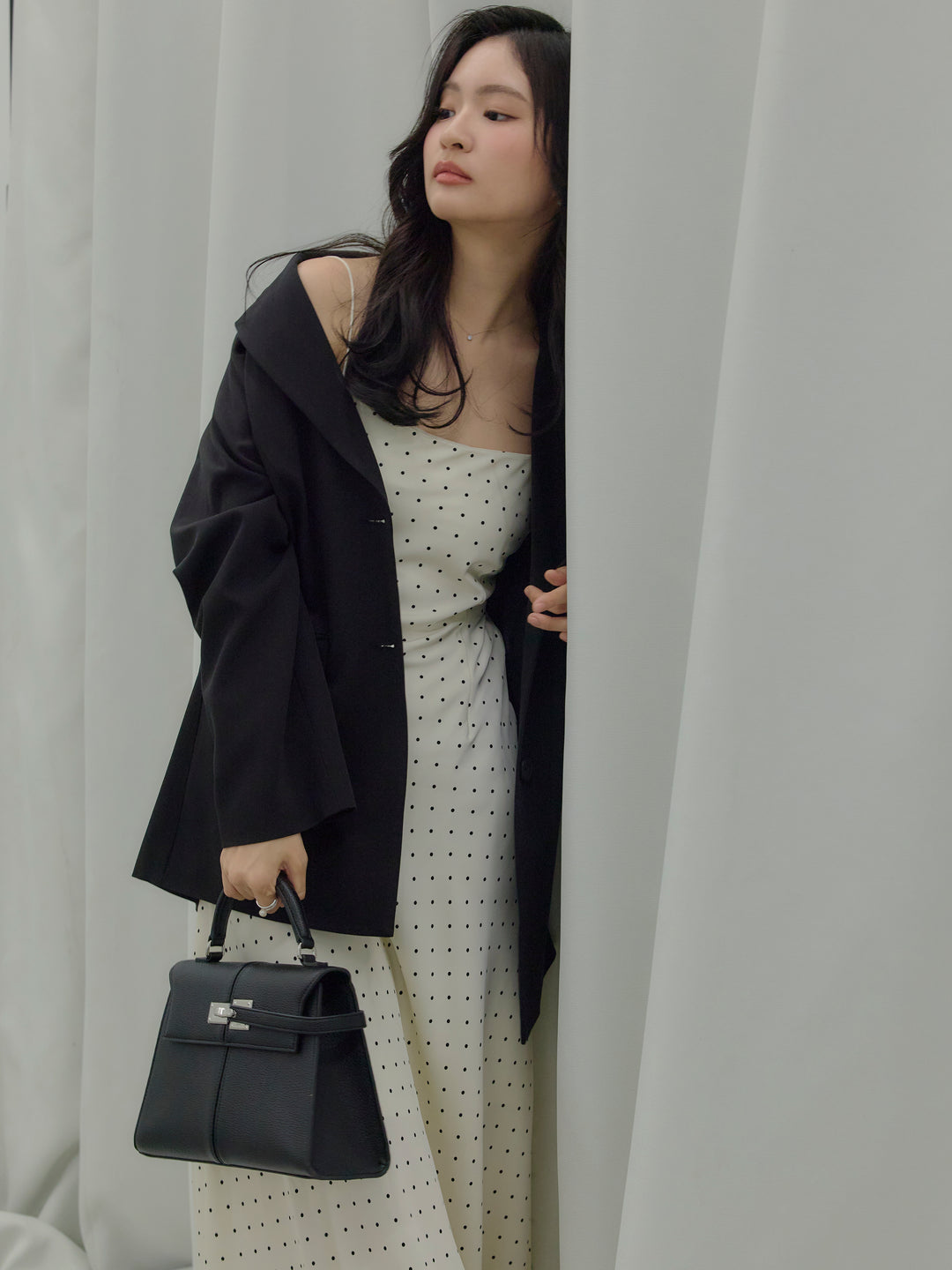 【Essential】Back open satin camisole dress