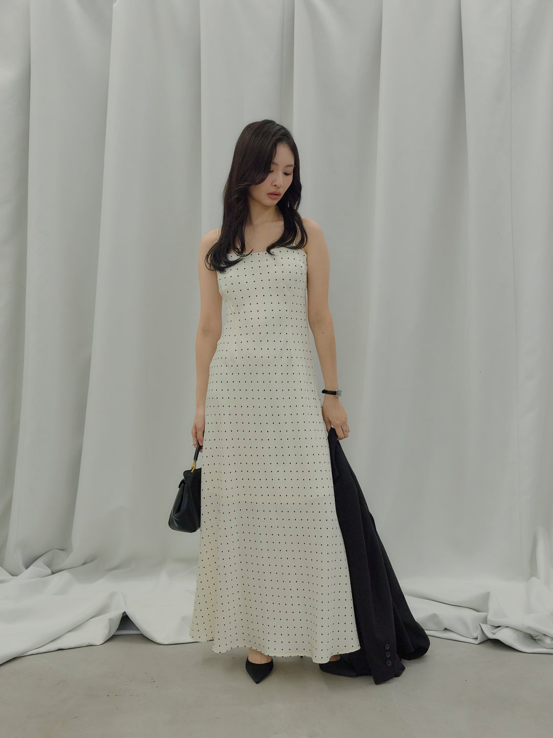 【SET】【Essential】Back open satin camisole dress+【Essential】Wrap design satin mermaid skirt(2set)