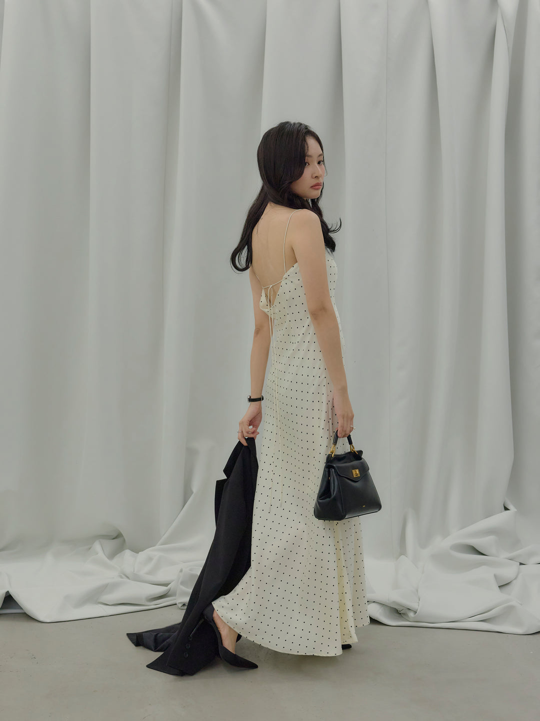 【SET】【Essential】Back open satin camisole dress+【Essential】Wrap design satin mermaid skirt(2set)