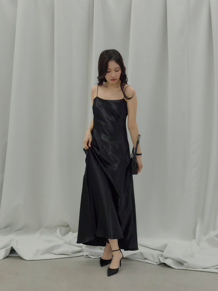 【SET】【Essential】Back open satin camisole dress+【Essential】Wrap design satin mermaid skirt(2set)