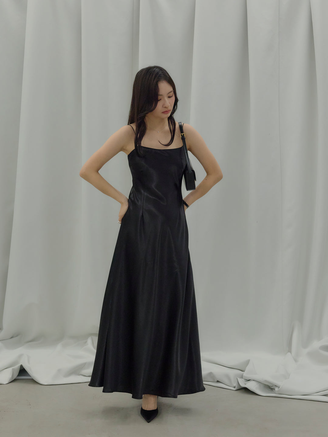 【SET】【Essential】Back open satin camisole dress+【Essential】Wrap design satin mermaid skirt(2set)