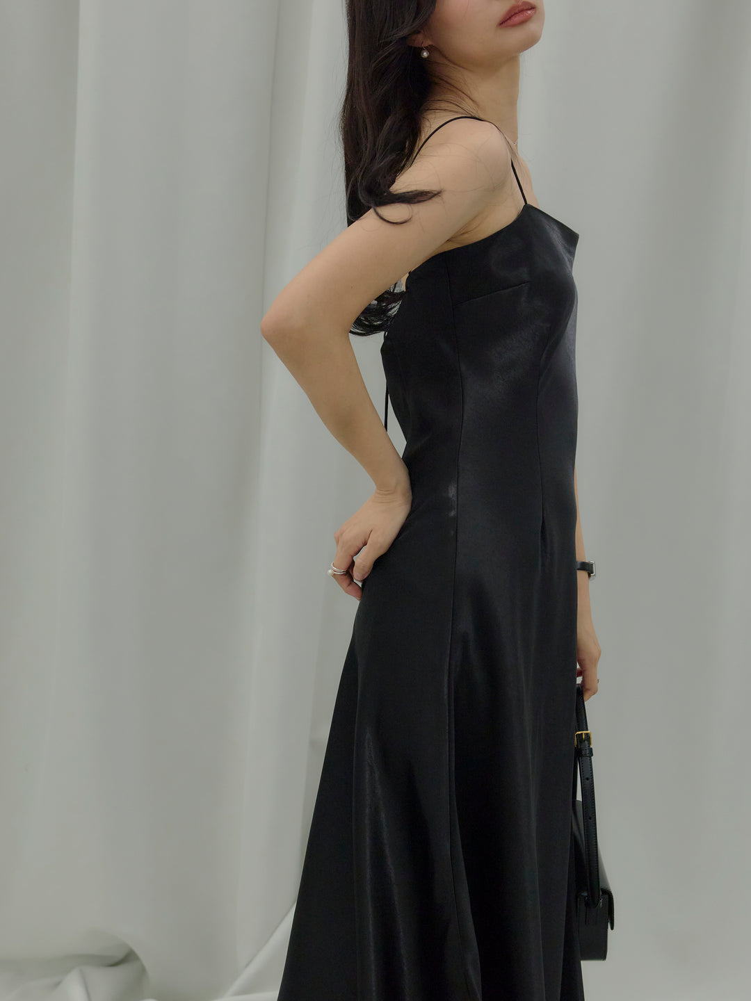 【SET】【Essential】Back open satin camisole dress+【Essential】Wrap design satin mermaid skirt(2set)