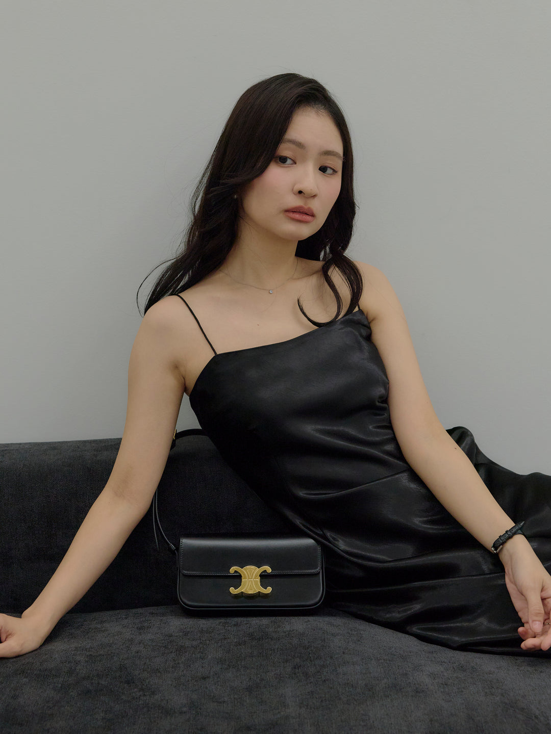 【Essential】Back open satin camisole dress