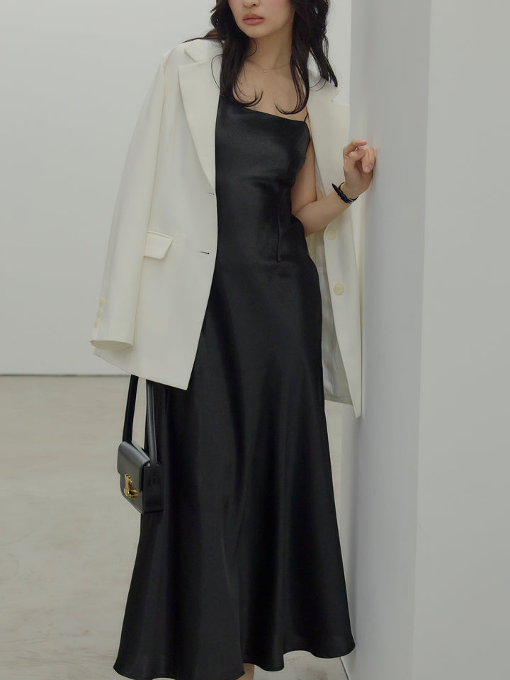 【Essential】Back open satin camisole dress