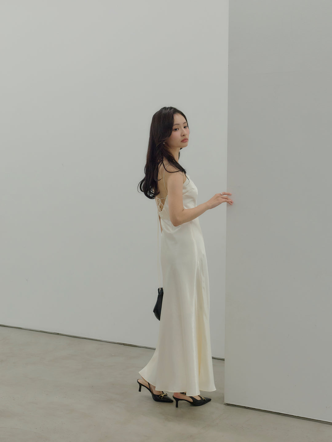 【SET】【Essential】Back open satin camisole dress+【Essential】Wrap design satin mermaid skirt(2set)