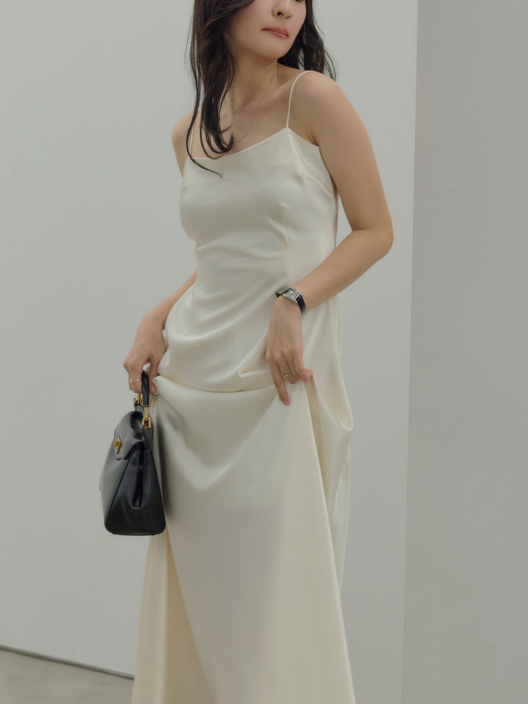 【SET】【Essential】Back open satin camisole dress+【Essential】Wrap design satin mermaid skirt(2set)
