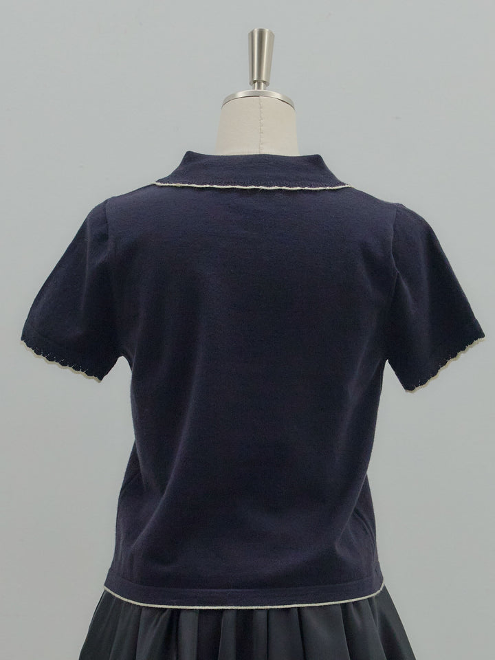 配色ポロハーフニットトップス