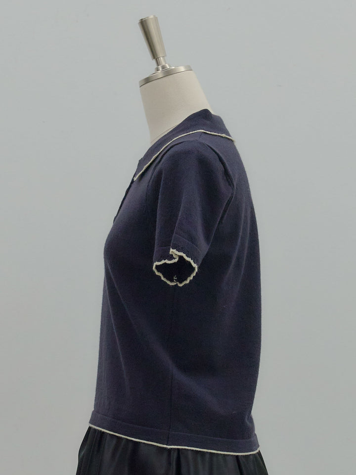 配色ポロハーフニットトップス