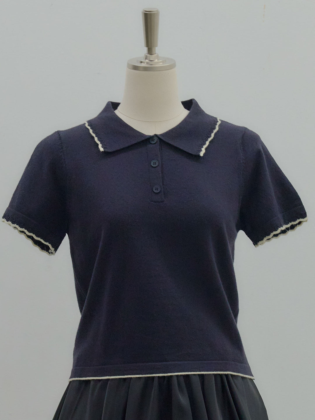 配色ポロハーフニットトップス