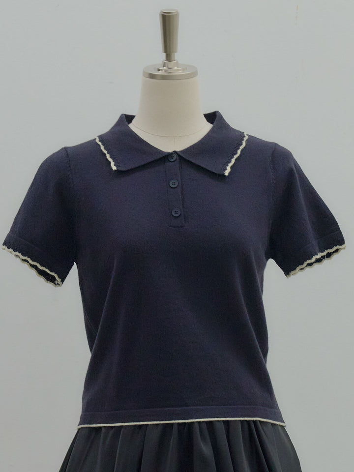 配色ポロハーフニットトップス