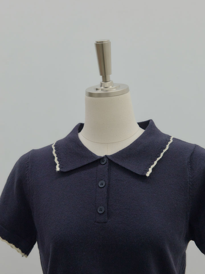 配色ポロハーフニットトップス