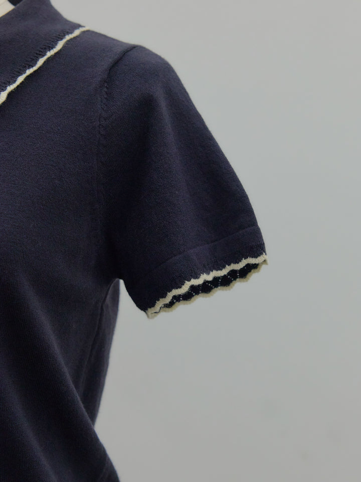 配色ポロハーフニットトップス