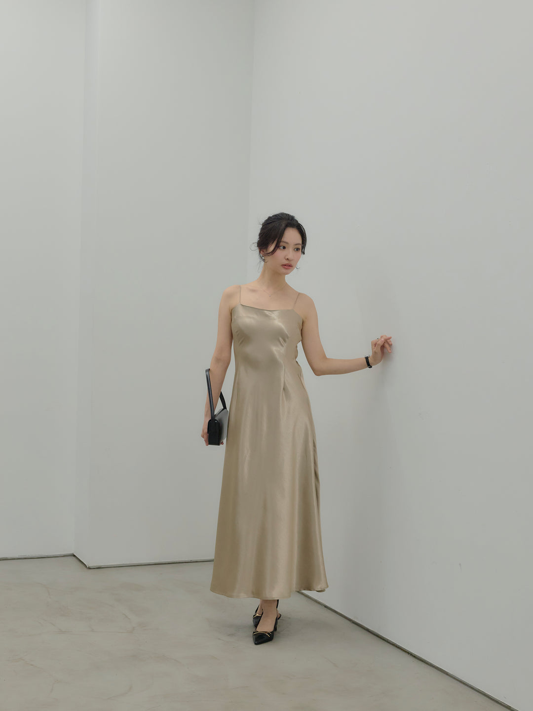 【SET】【Essential】Back open satin camisole dress+【Essential】Wrap design satin mermaid skirt(2set)