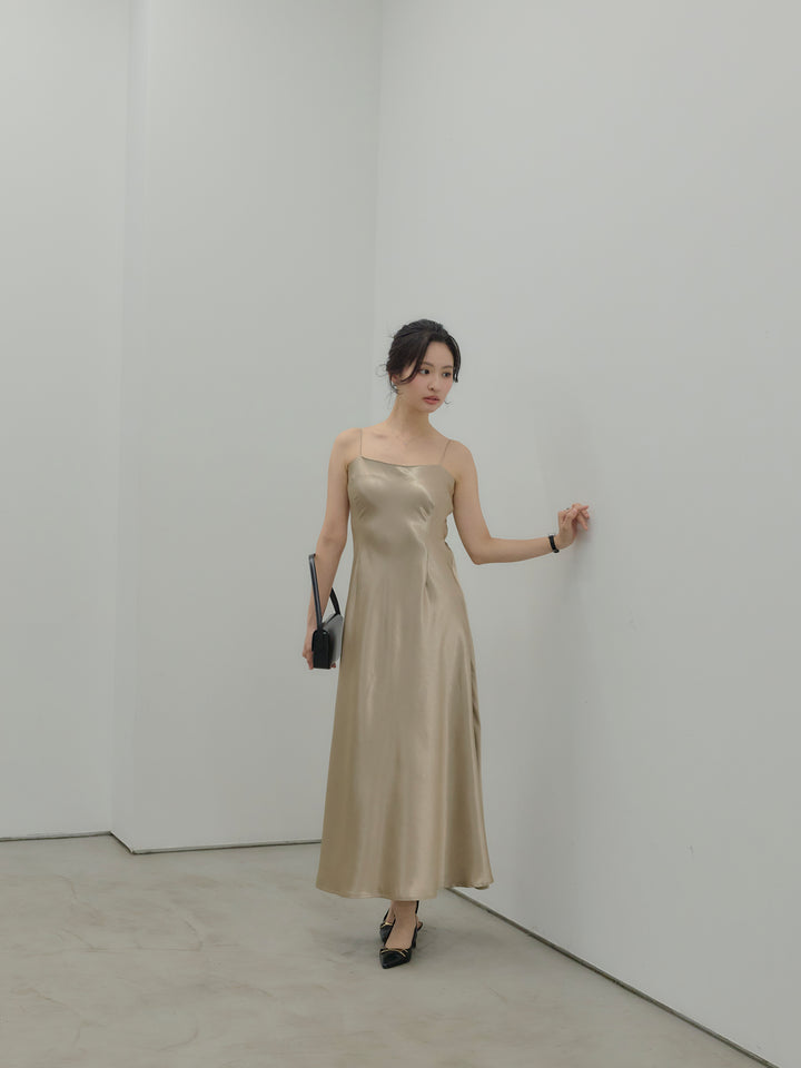 【SET】【Essential】Back open satin camisole dress+【Essential】Wrap design satin mermaid skirt(2set)