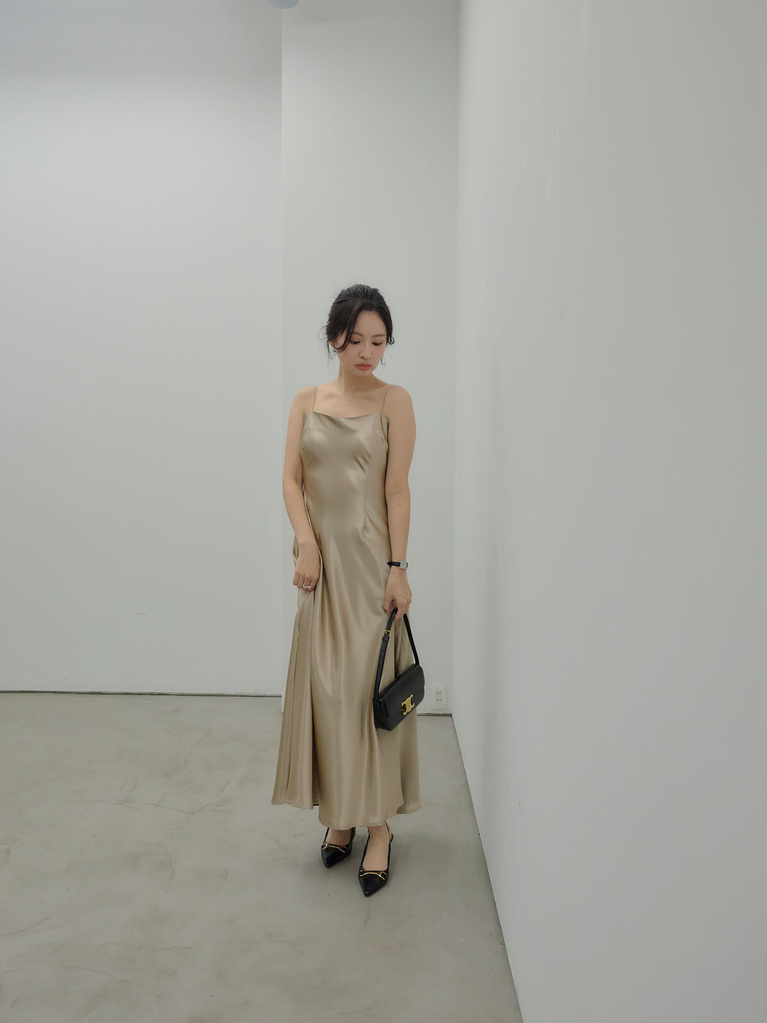 【SET】【Essential】Back open satin camisole dress+【Essential】Wrap design satin mermaid skirt(2set)