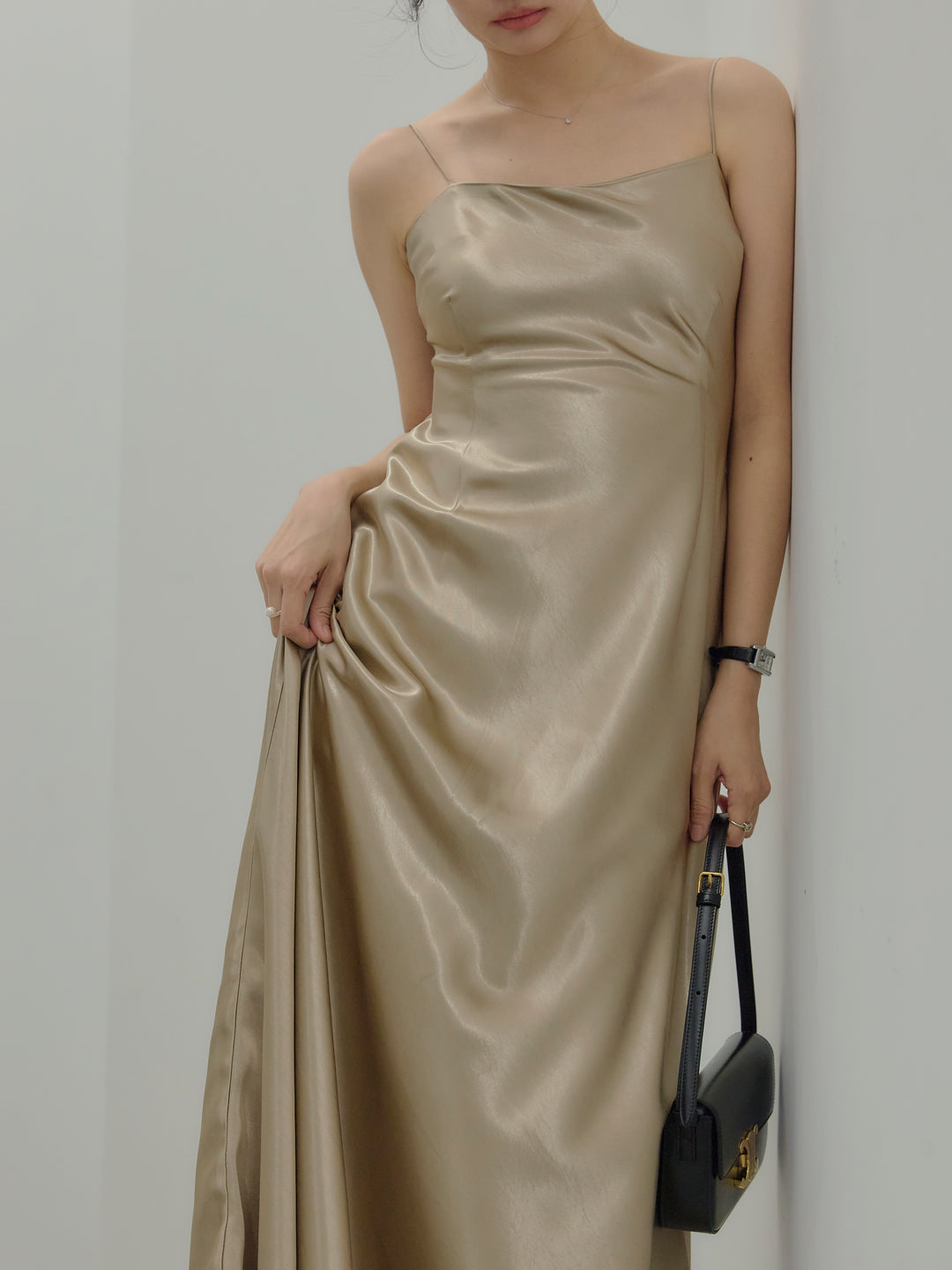 【SET】【Essential】Back open satin camisole dress+【Essential】Wrap design satin mermaid skirt(2set)